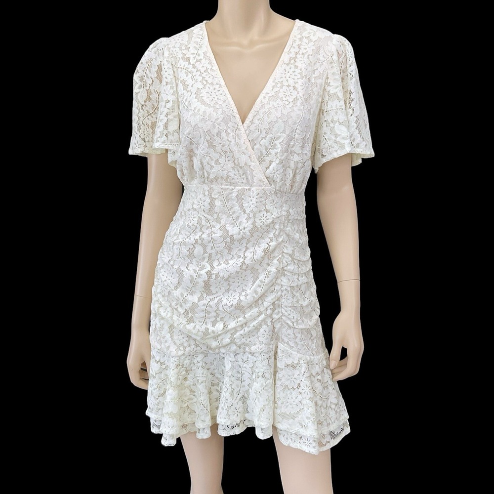 Simplee Dress Women Small Ivory Lace Flutter Short Sleeve Gathered Front NWT